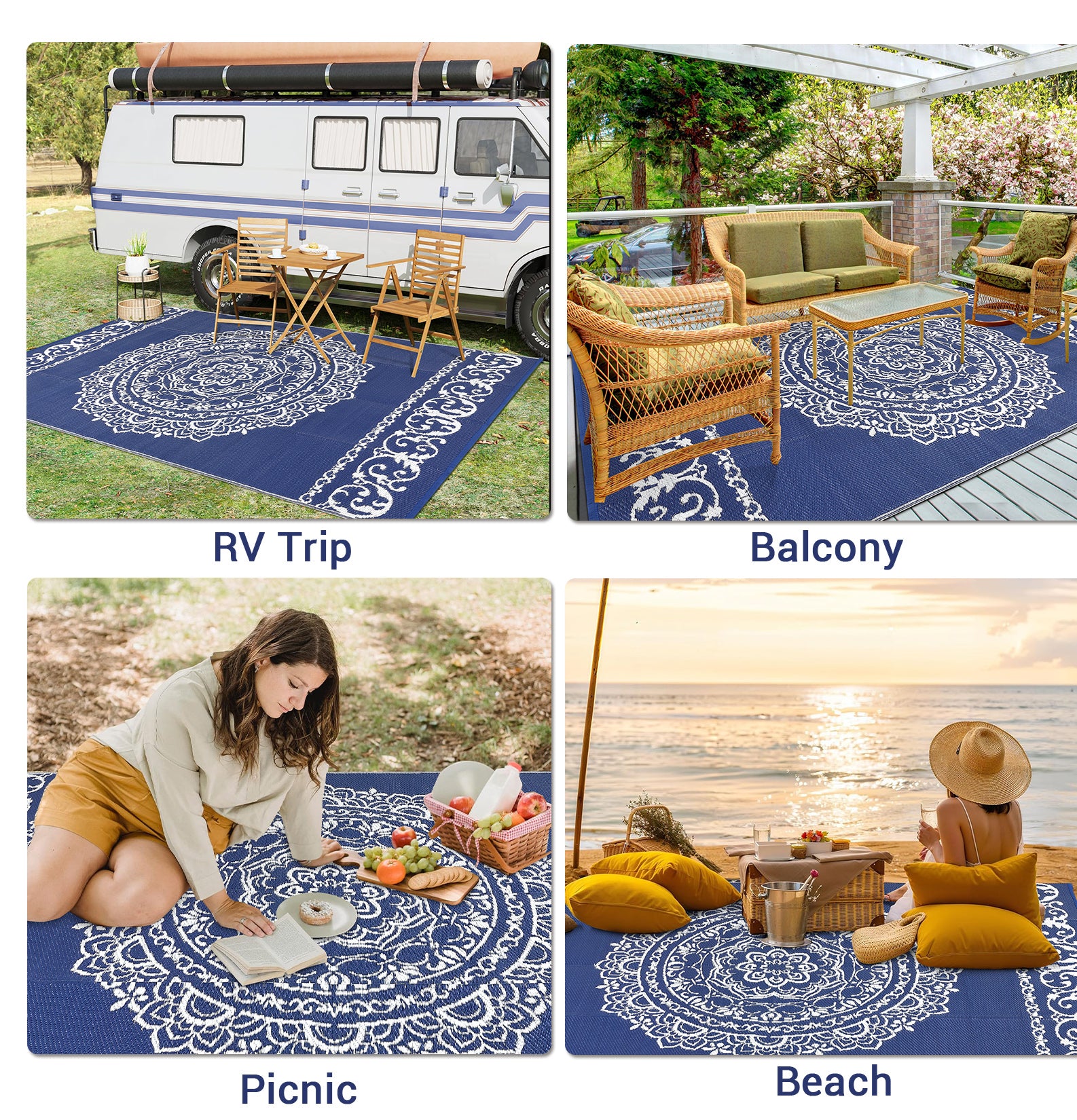 Garvee Outdoor Navy & White 9x18 Large Rug, Medallion Waterproof Reversible Plastic Straw Camping Mat with Stakes Portable for Patio Beach RV