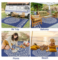 Garvee Outdoor Navy & White 9x18 Large Rug, Medallion Waterproof Reversible Plastic Straw Camping Mat with Stakes Portable for Patio Beach RV