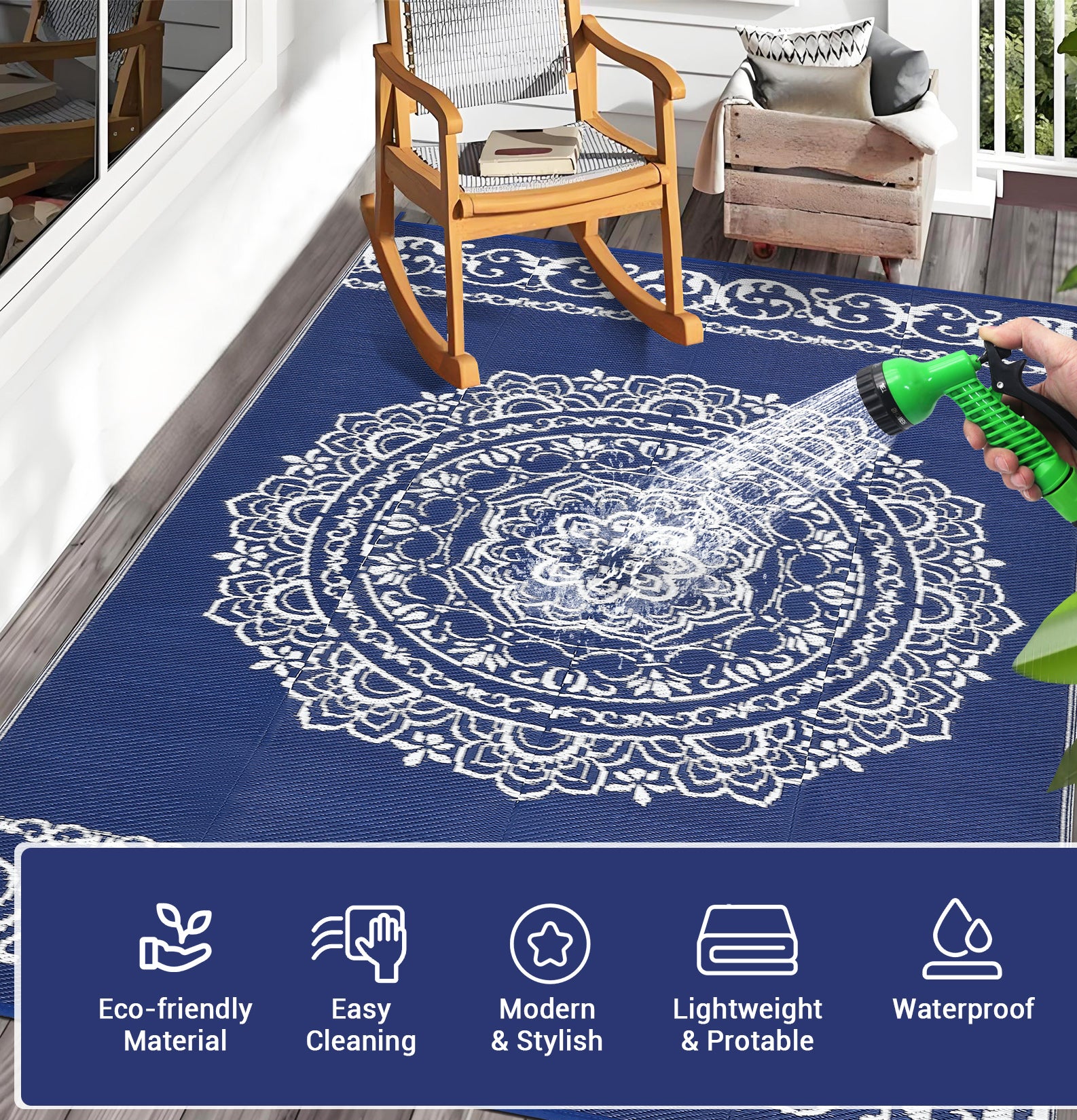 Garvee Outdoor Navy & White 9x18 Large Rug, Medallion Waterproof Reversible Plastic Straw Camping Mat with Stakes Portable for Patio Beach RV