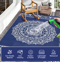 Garvee Outdoor Navy & White 9x18 Large Rug, Medallion Waterproof Reversible Plastic Straw Camping Mat with Stakes Portable for Patio Beach RV
