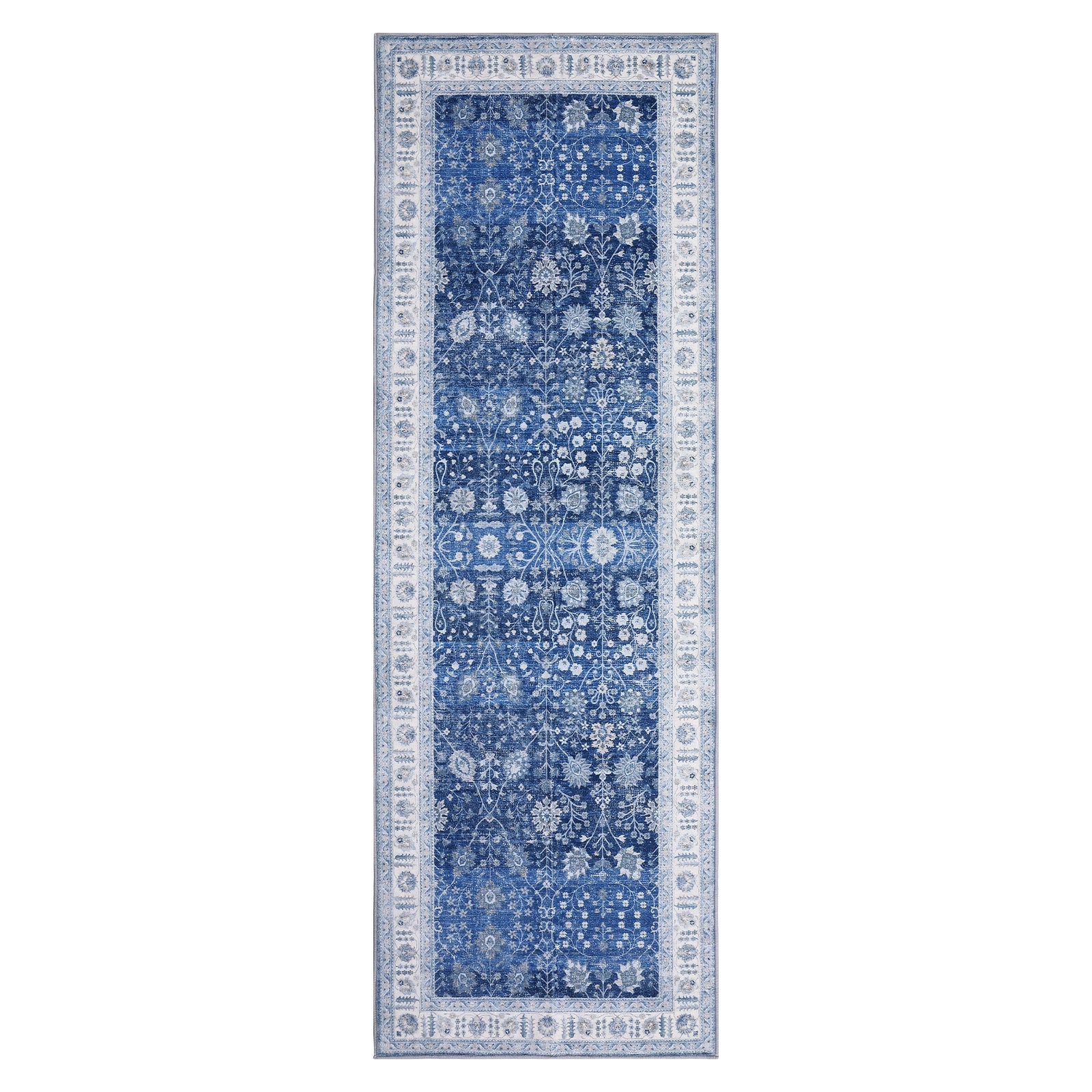 Garvee 2x6 Vintage Floral Runner Rug Distressed Blue Hallway Runner Non Slip Non Shedding Kitchen Runner, Low Pile Thin Floor Carpet, Soft Washable Oriental Rug for Bedside, Laundry