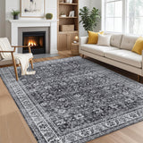 Garvee 9x12 Washable Living Room Rug, Vintage Floral Large Area Rugs for Living Room Non-Slip Soft Bedroom Rug Classic Traditional Farmhouse Carpet for Dining Room Office Home, Charcoal Grey - Gray-Black