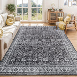 Garvee 5x7 Washable Area Rugs for Living Room, Soft Vintage Floral Large Bedroom Rug Foldable Low Pile Indoor Floor Carpet, Farmhouse Non-Slip Throw Rugs for Bedroom Dining Room, Charcoal Grey - Gray-Black