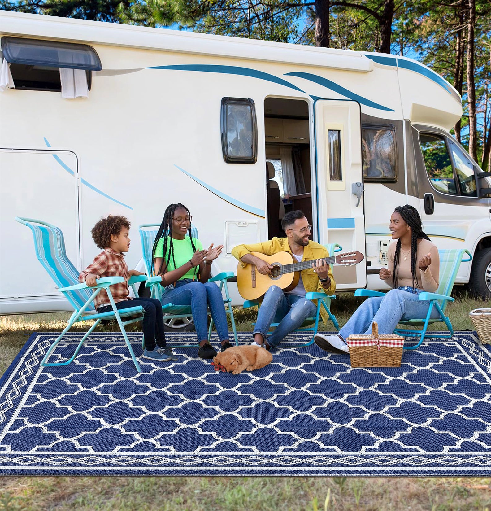 Garvee Outdoor Dark Blue 10x14 Waterproof Plastic Straw Rug, Reversible, UV-Resistant, Portable with Carry Bag & Stakes for Patio RV Camping