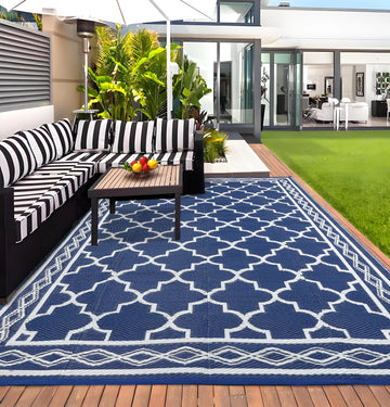 Garvee Outdoor Dark Blue 10x14 Waterproof Plastic Straw Rug, Reversible, UV-Resistant, Portable with Carry Bag & Stakes for Patio RV Camping