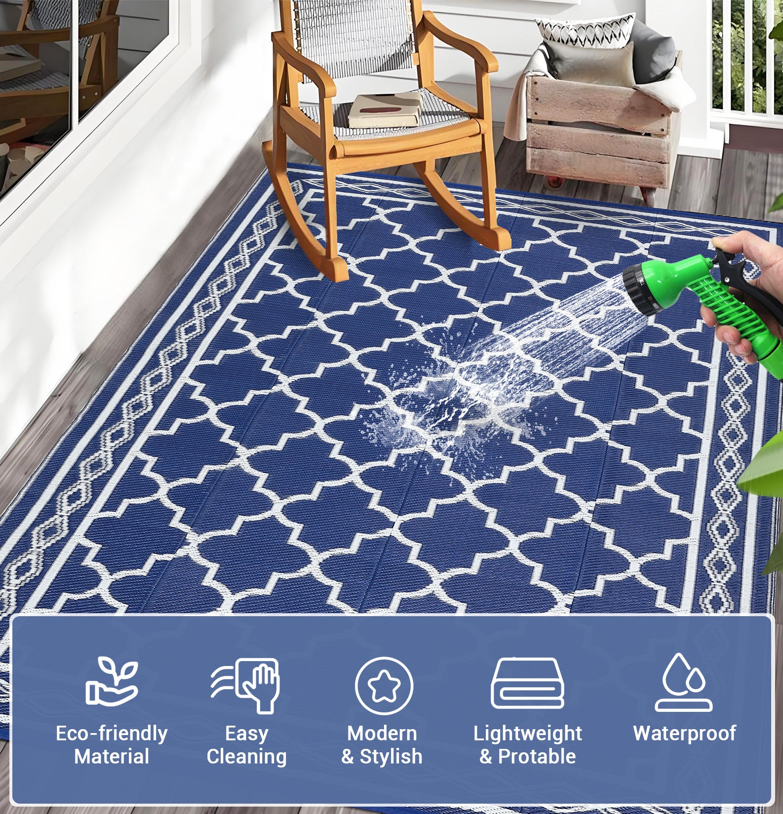 Garvee Outdoor Dark Blue 5x8 Rug, Non-Slip Stain-Resistant Plastic Easy-Clean Washable Patio Picnic Camping Mat
