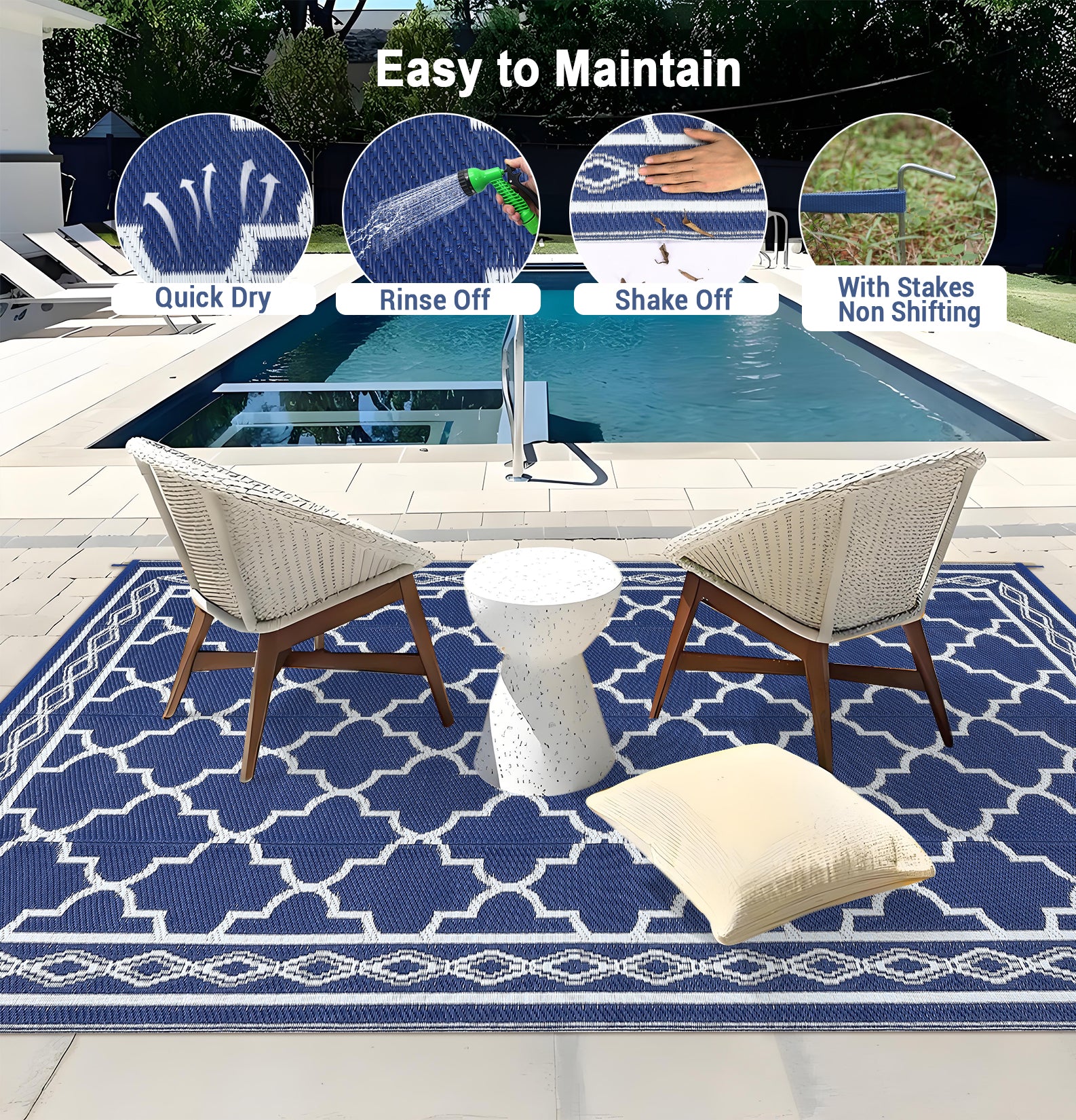 Garvee Outdoor Dark Blue 9x18 Plastic Straw Rug Waterproof Reversible UV Resistant Durable for Patio RV Beach Camping