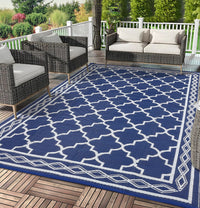 Garvee Outdoor Dark Blue 10x14 Waterproof Plastic Straw Rug, Reversible, UV-Resistant, Portable with Carry Bag & Stakes for Patio RV Camping