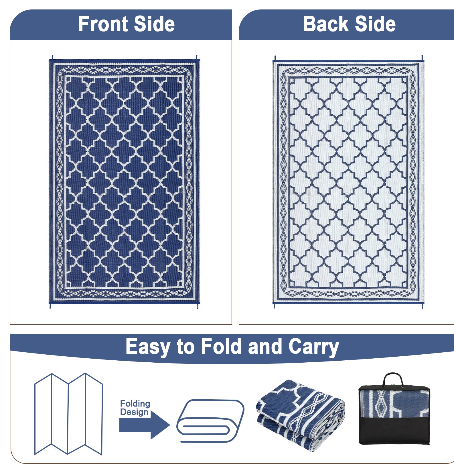 Garvee Outdoor Dark Blue 9x12 Rug Waterproof Reversible Patio Carpet Polypropylene UV & Stain Resistant Portable with Stakes for Camping Backyard Deck