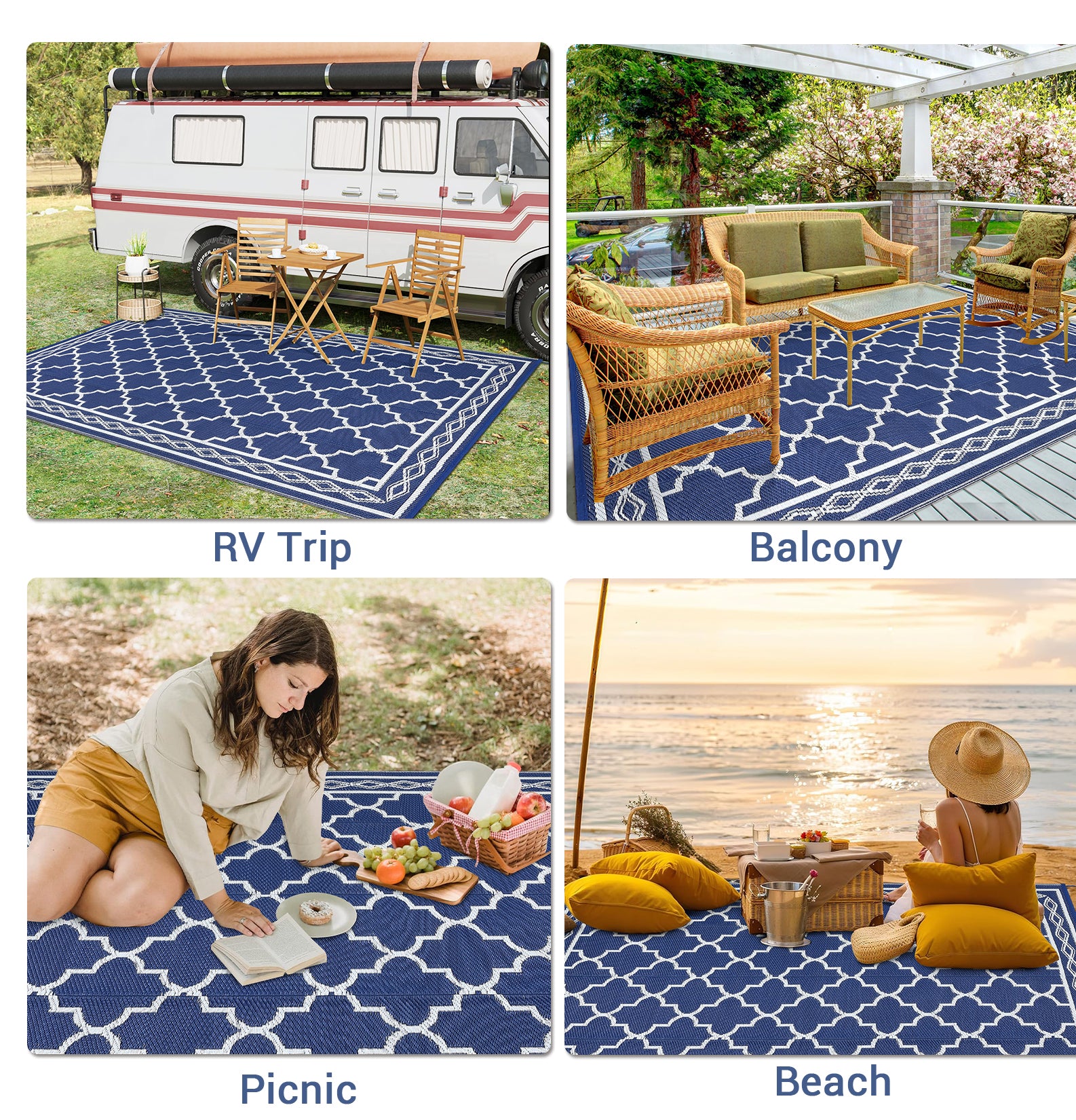 Garvee Outdoor Dark Blue 10x14 Waterproof Plastic Straw Rug, Reversible, UV-Resistant, Portable with Carry Bag & Stakes for Patio RV Camping