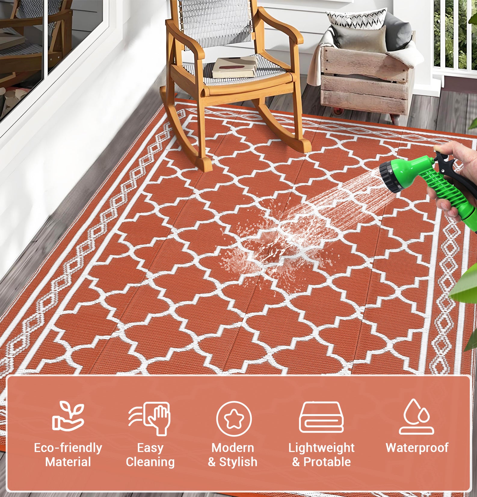 Garvee Outdoor Brick Red 8x10 Waterproof Rug Reversible Geometric Trellis Pattern Durable PP Plastic UV-Resistant Foldable Patio Mat for RV Camping Picnic