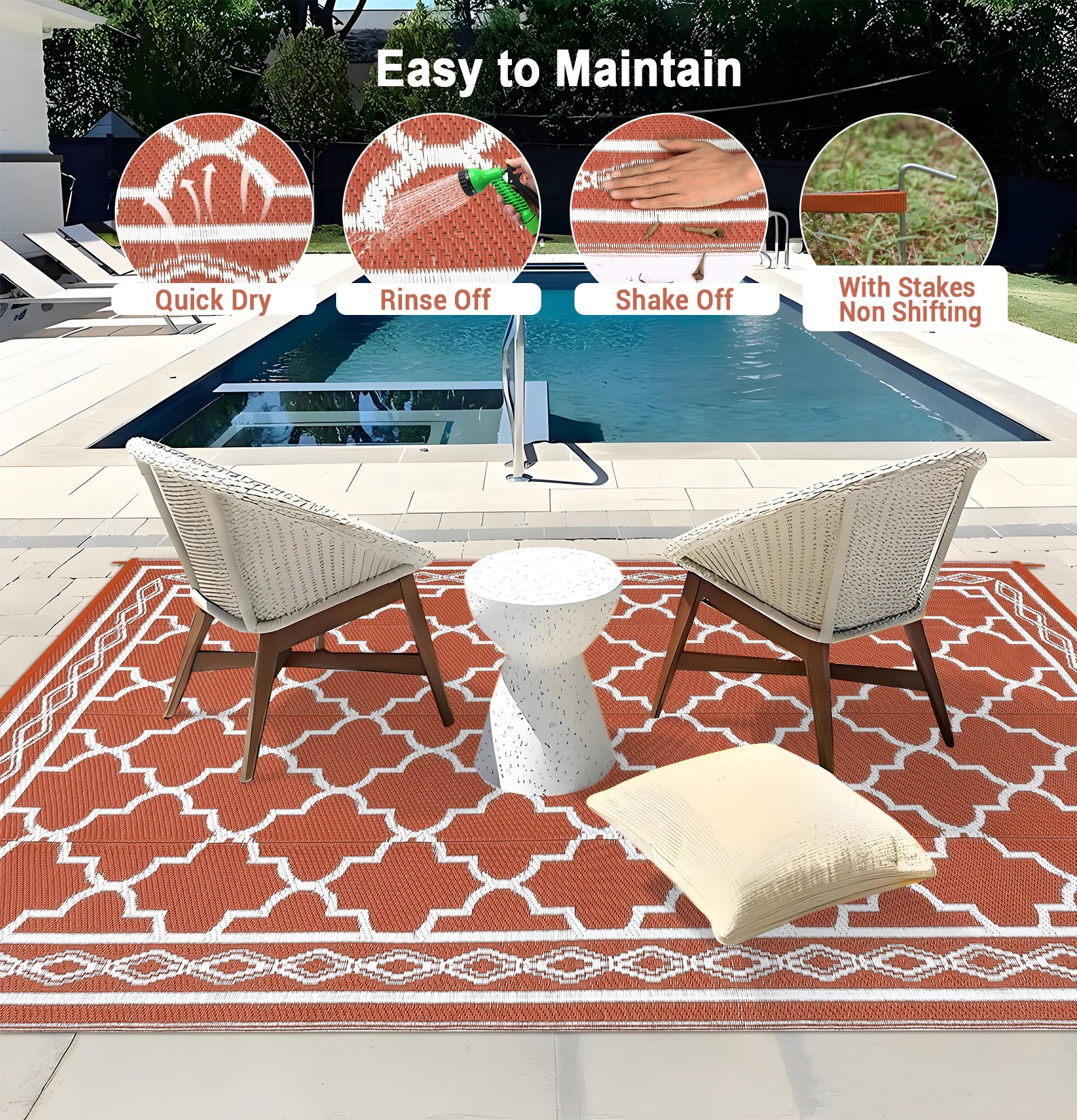 Garvee Outdoor Brick Red 8x10 Waterproof Rug Reversible Geometric Trellis Pattern Durable PP Plastic UV-Resistant Foldable Patio Mat for RV Camping Picnic