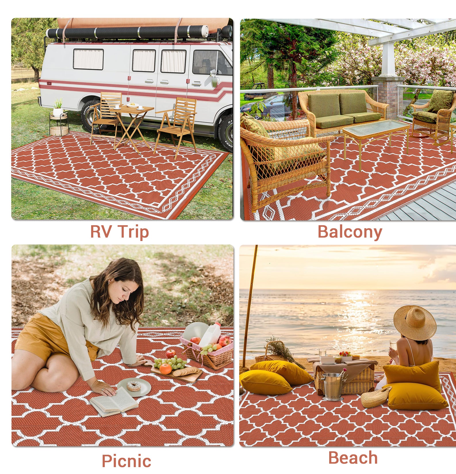 Garvee Outdoor Brick Red 8x10 Waterproof Rug Reversible Geometric Trellis Pattern Durable PP Plastic UV-Resistant Foldable Patio Mat for RV Camping Picnic