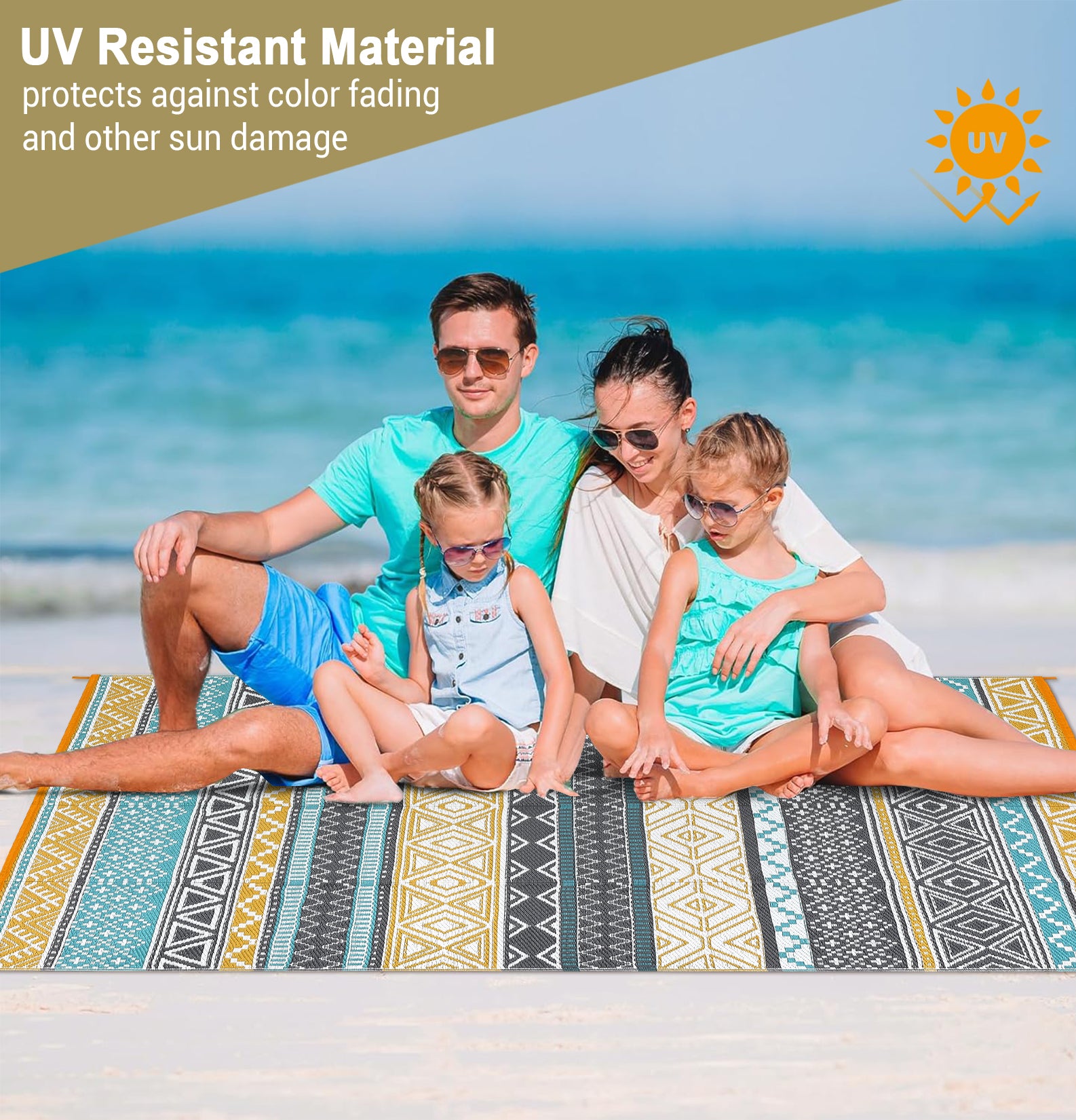 Garvee Outdoor Teal & Yellow 5x8 Rugs, Waterproof Reversible Geometric Pattern Polypropylene UV Resistant Portable with Carry Bag for Patio Camping