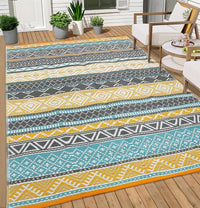 Garvee Outdoor Teal & Yellow 9x18 Rug, Waterproof Patio Mat, Reversible, Durable Polypropylene, UV Resistant, Lightweight, Portable, for Camping, RV, Backyard