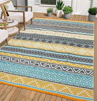 Garvee Outdoor Teal & Yellow 5x8 Rugs, Waterproof Reversible Geometric Pattern Polypropylene UV Resistant Portable with Carry Bag for Patio Camping