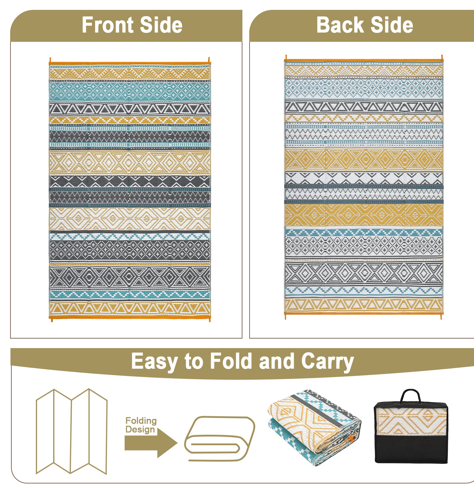 Garvee Outdoor Teal & Yellow 5x8 Rugs, Waterproof Reversible Geometric Pattern Polypropylene UV Resistant Portable with Carry Bag for Patio Camping