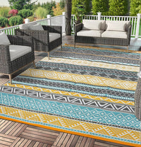 Garvee Outdoor Teal & Yellow 9x18 Rug, Waterproof Patio Mat, Reversible, Durable Polypropylene, UV Resistant, Lightweight, Portable, for Camping, RV, Backyard