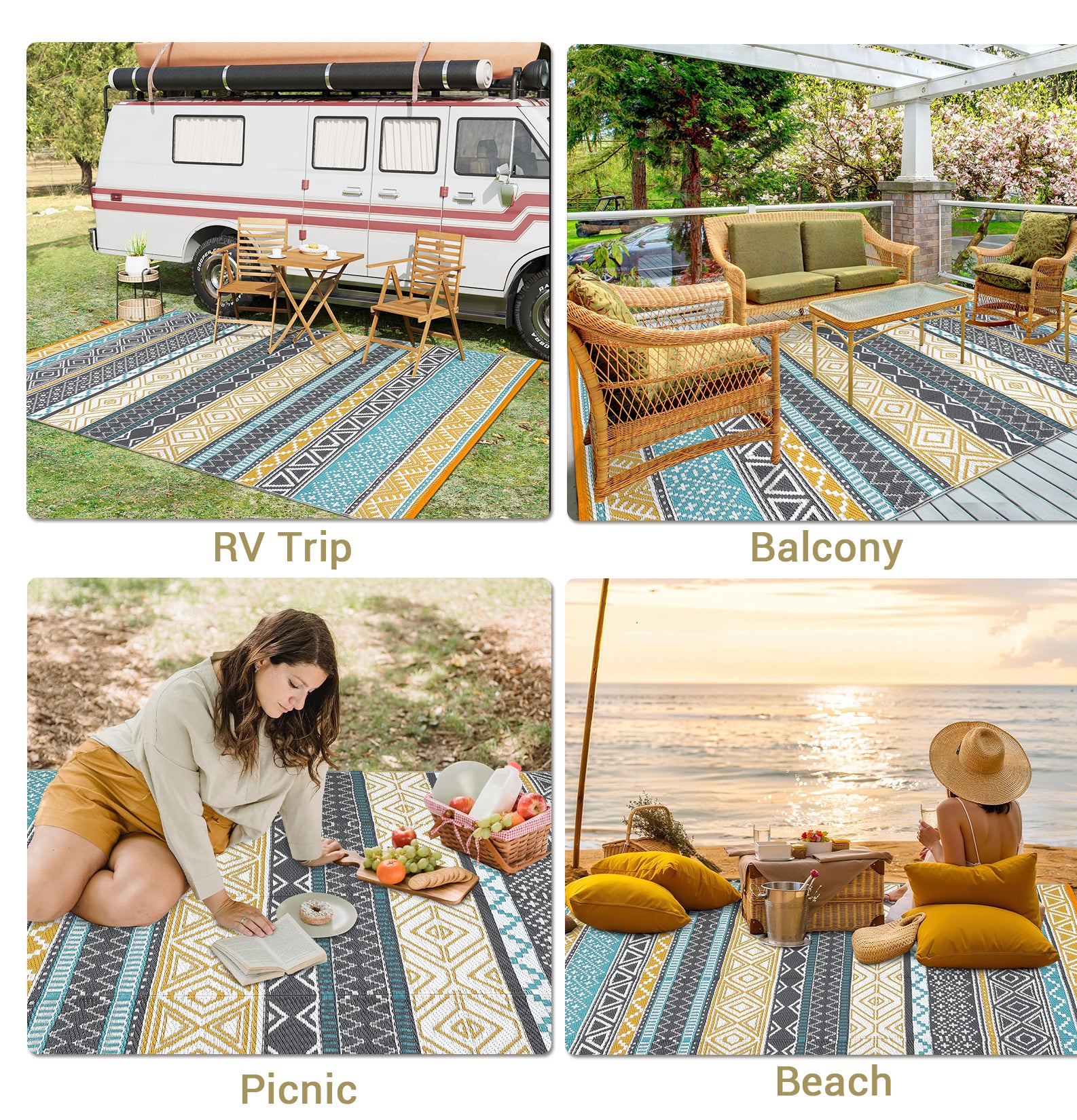 Garvee Outdoor Teal & Yellow 9x18 Rug, Waterproof Patio Mat, Reversible, Durable Polypropylene, UV Resistant, Lightweight, Portable, for Camping, RV, Backyard