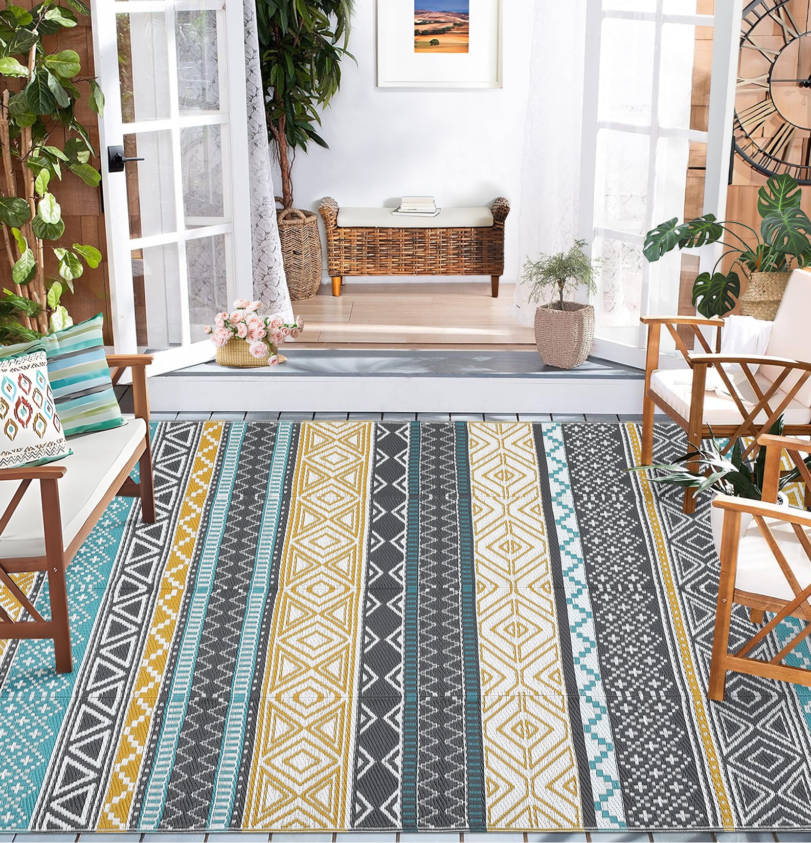 Garvee Outdoor Teal & Yellow 5x8 Rugs, Waterproof Reversible Geometric Pattern Polypropylene UV Resistant Portable with Carry Bag for Patio Camping