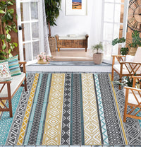 Garvee Outdoor Teal & Yellow 5x8 Rugs, Waterproof Reversible Geometric Pattern Polypropylene UV Resistant Portable with Carry Bag for Patio Camping