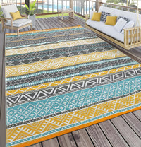 Garvee Outdoor Teal & Yellow 9x18 Rug, Waterproof Patio Mat, Reversible, Durable Polypropylene, UV Resistant, Lightweight, Portable, for Camping, RV, Backyard