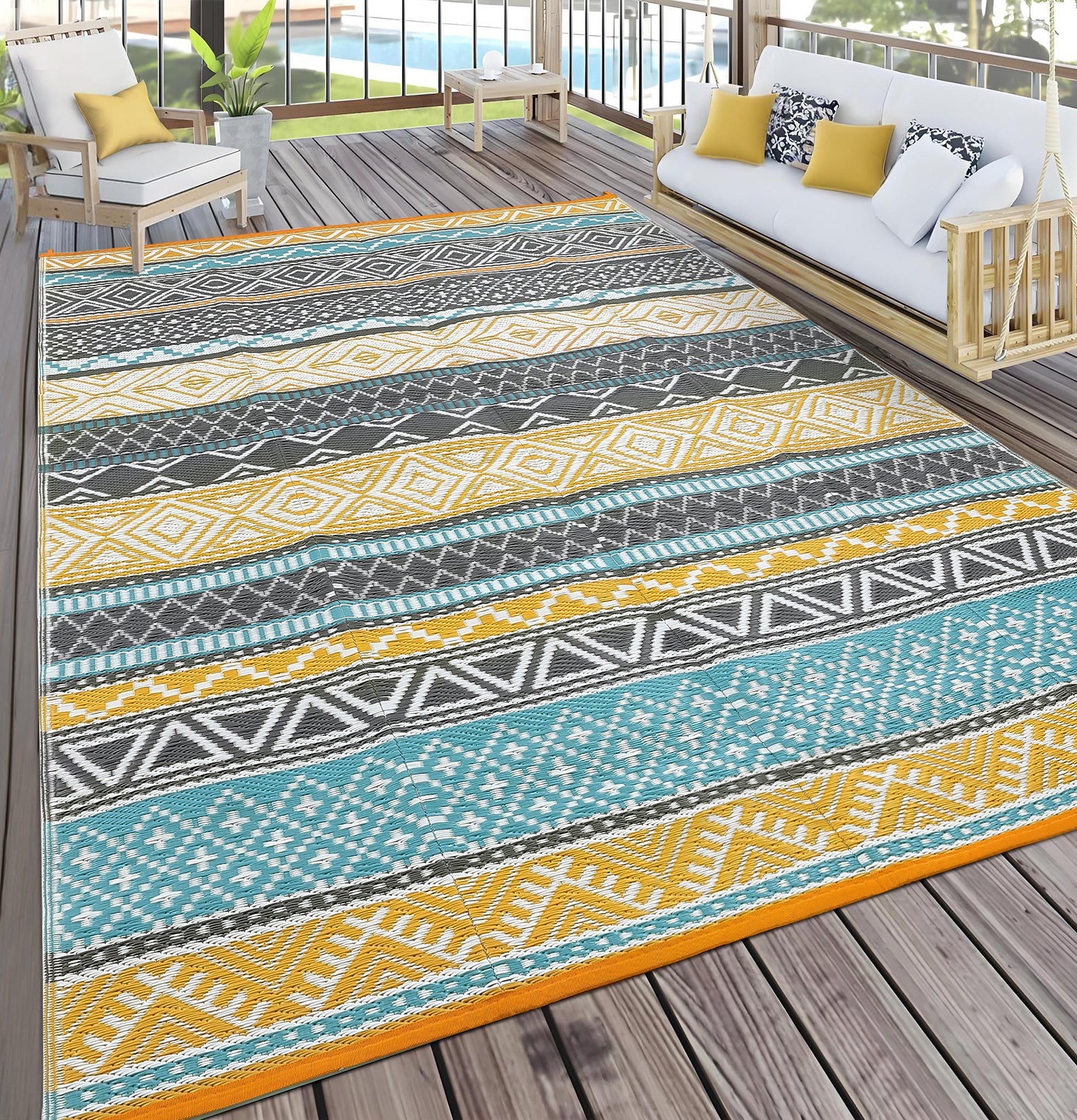 Garvee Outdoor Teal & Yellow 5x8 Rugs, Waterproof Reversible Geometric Pattern Polypropylene UV Resistant Portable with Carry Bag for Patio Camping