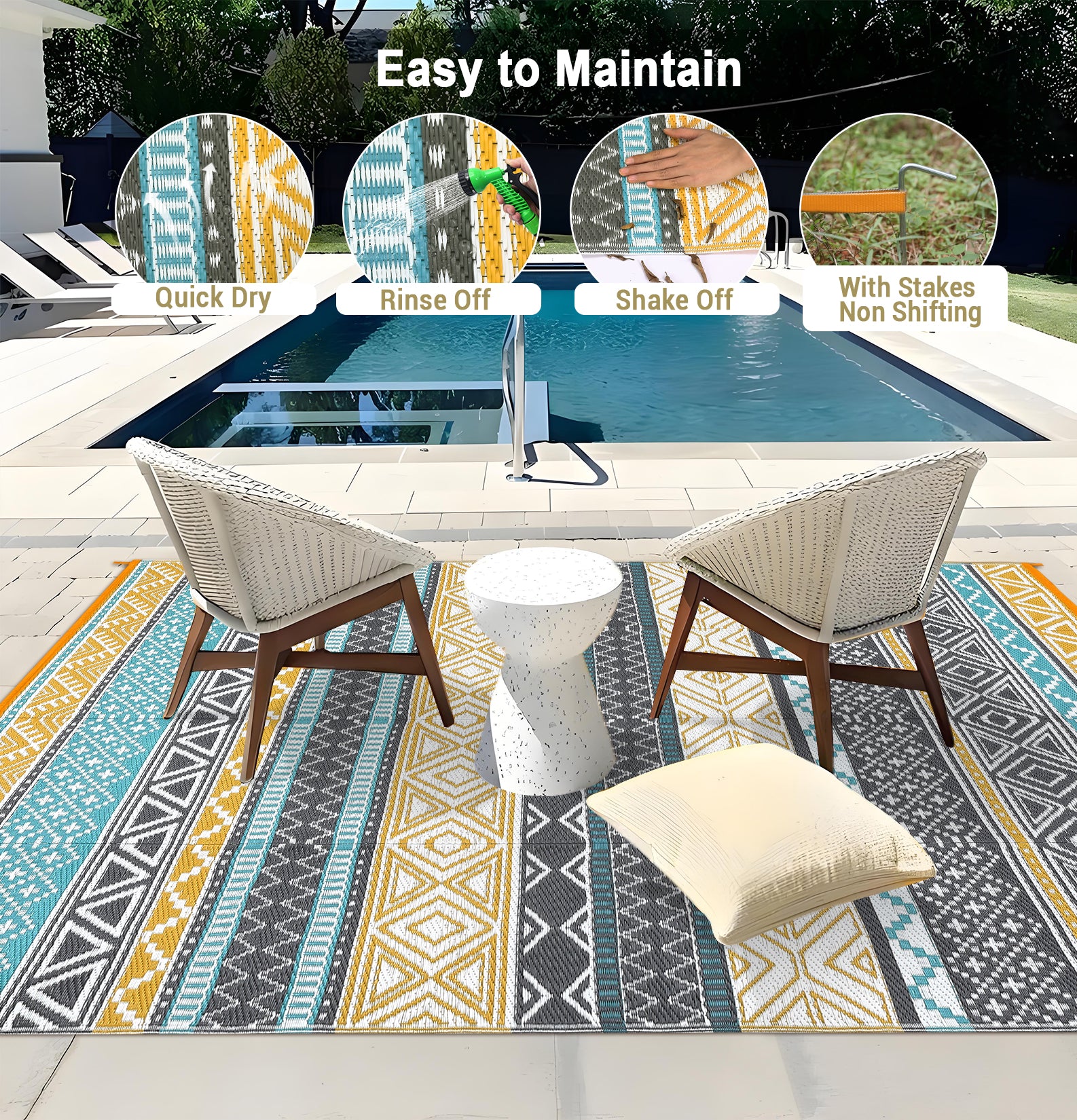 Garvee Outdoor Teal & Yellow 9x18 Rug, Waterproof Patio Mat, Reversible, Durable Polypropylene, UV Resistant, Lightweight, Portable, for Camping, RV, Backyard