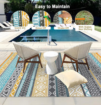Garvee Outdoor Teal & Yellow 9x18 Rug, Waterproof Patio Mat, Reversible, Durable Polypropylene, UV Resistant, Lightweight, Portable, for Camping, RV, Backyard
