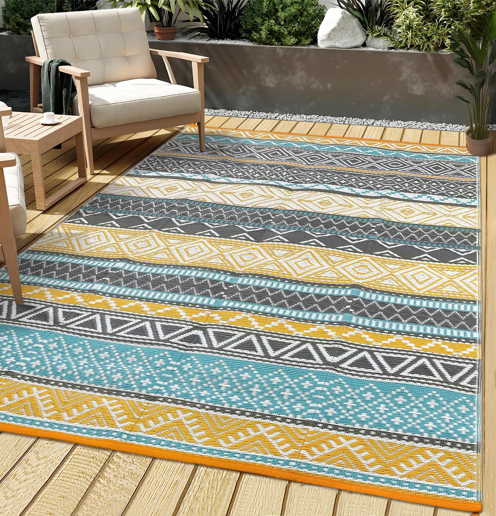Garvee Outdoor Teal & Yellow 9x18 Rug, Waterproof Patio Mat, Reversible, Durable Polypropylene, UV Resistant, Lightweight, Portable, for Camping, RV, Backyard