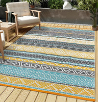 Garvee Outdoor Teal & Yellow 5x8 Rugs, Waterproof Reversible Geometric Pattern Polypropylene UV Resistant Portable with Carry Bag for Patio Camping