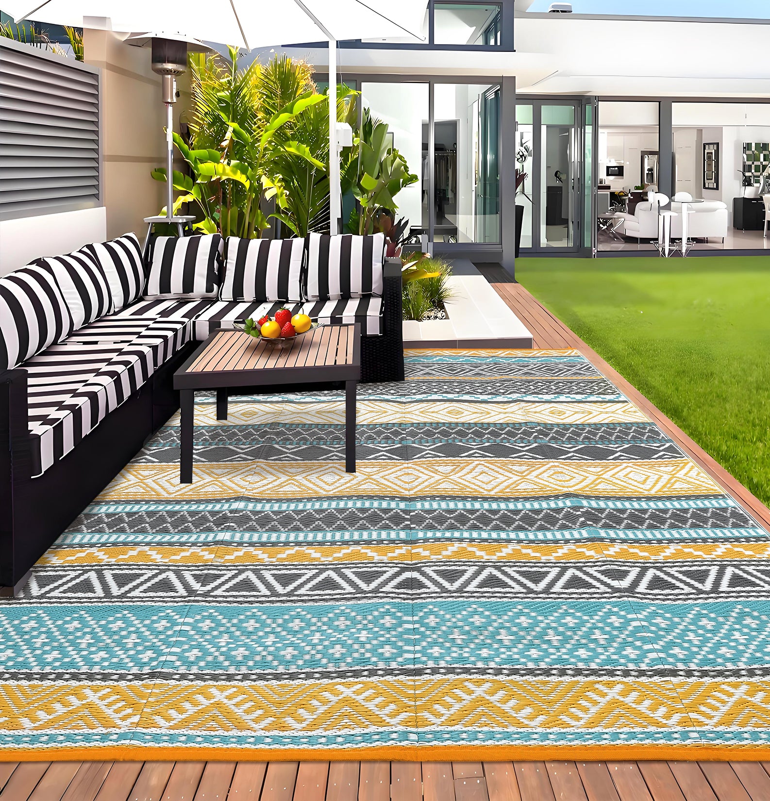Garvee Outdoor Teal & Yellow 9x18 Rug, Waterproof Patio Mat, Reversible, Durable Polypropylene, UV Resistant, Lightweight, Portable, for Camping, RV, Backyard