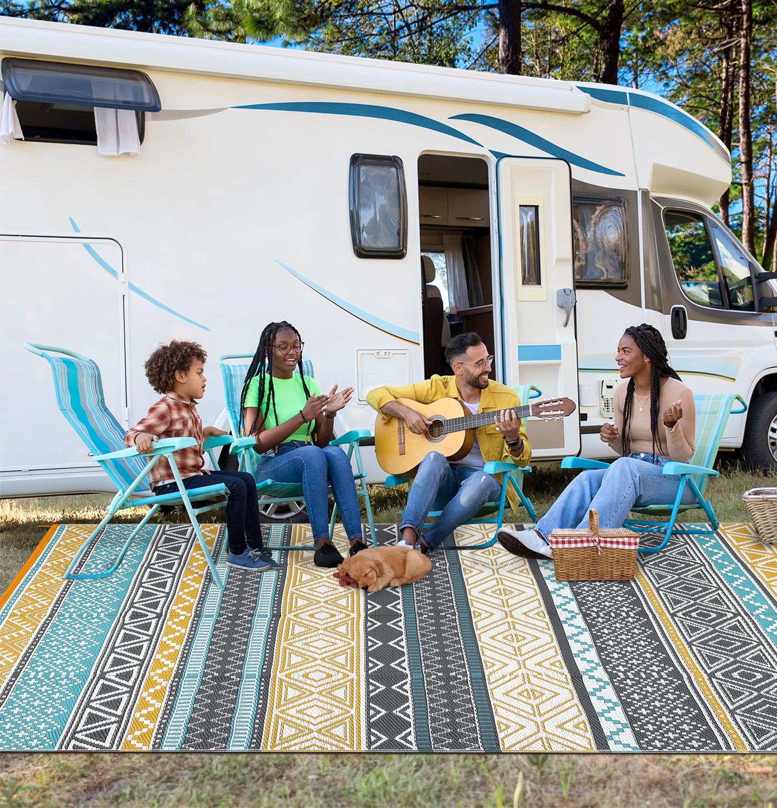 Garvee Outdoor Teal & Yellow 5x8 Rugs, Waterproof Reversible Geometric Pattern Polypropylene UV Resistant Portable with Carry Bag for Patio Camping