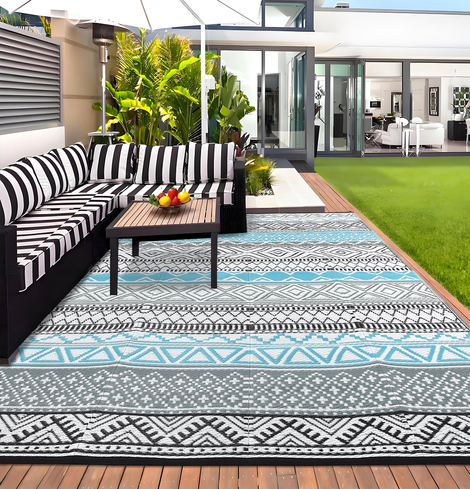 Garvee Outdoor Blue & Gray 6x9 Rugs Waterproof Reversible Durable Polypropylene UV Resistant Portable with Carry Bag for Patio Camping RV