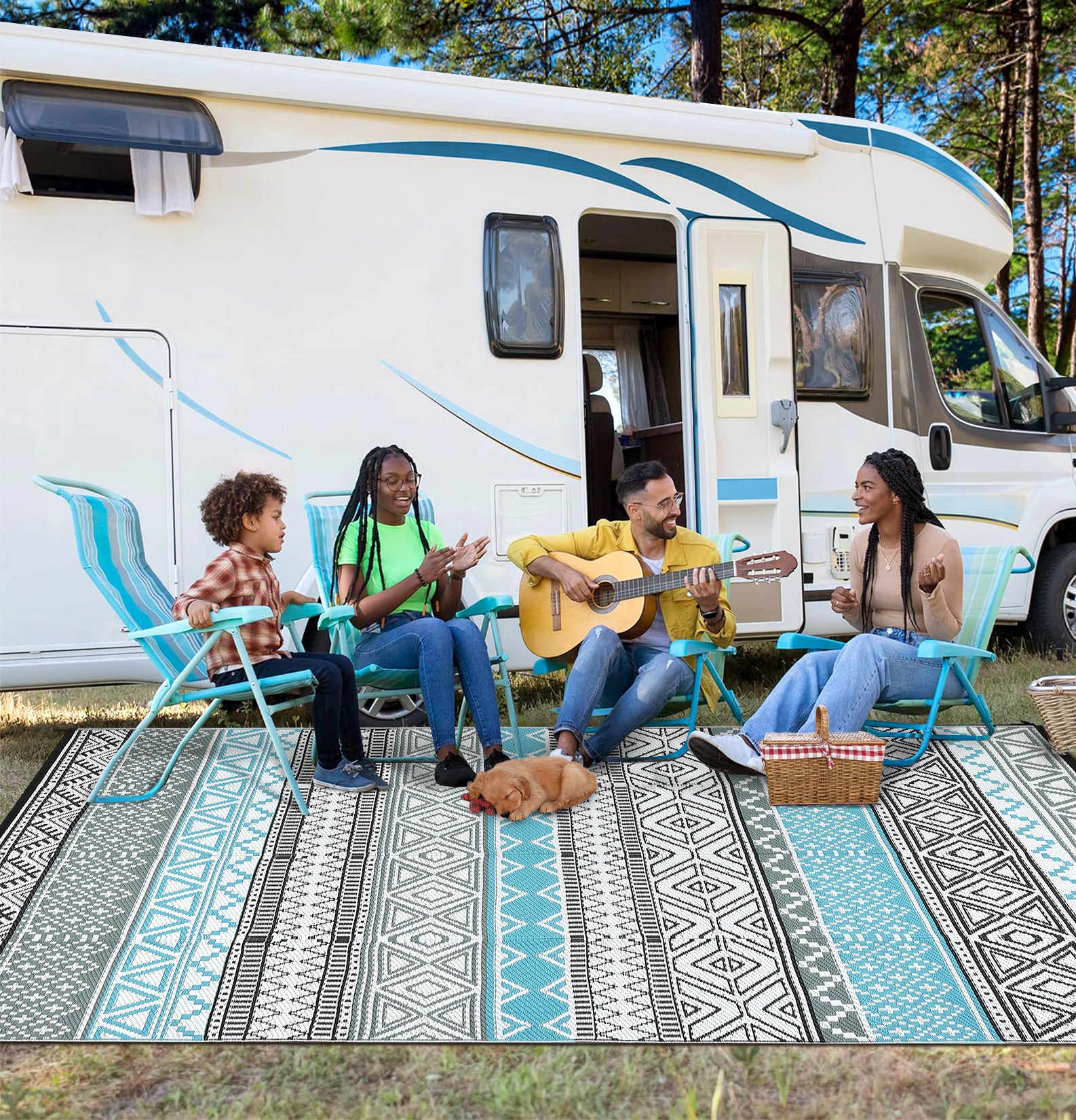 Garvee Outdoor Blue & Gray 6x9 Rugs Waterproof Reversible Durable Polypropylene UV Resistant Portable with Carry Bag for Patio Camping RV