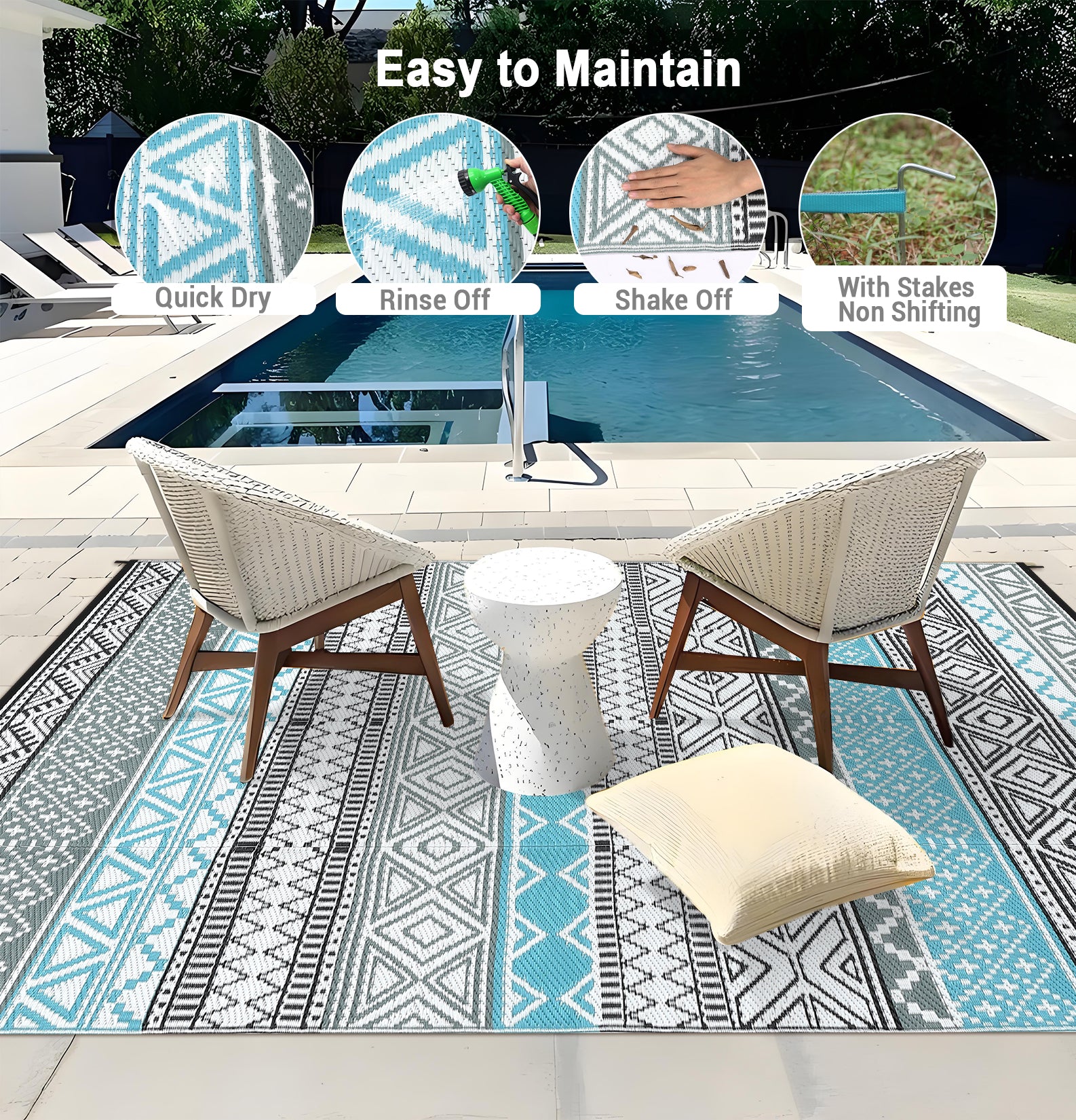 Garvee Outdoor Blue & Gray 8x10 Area Rug Plastic Water-Resistant Non-Slip Fade-Resistant Lightweight Portable Camping Picnic Mat