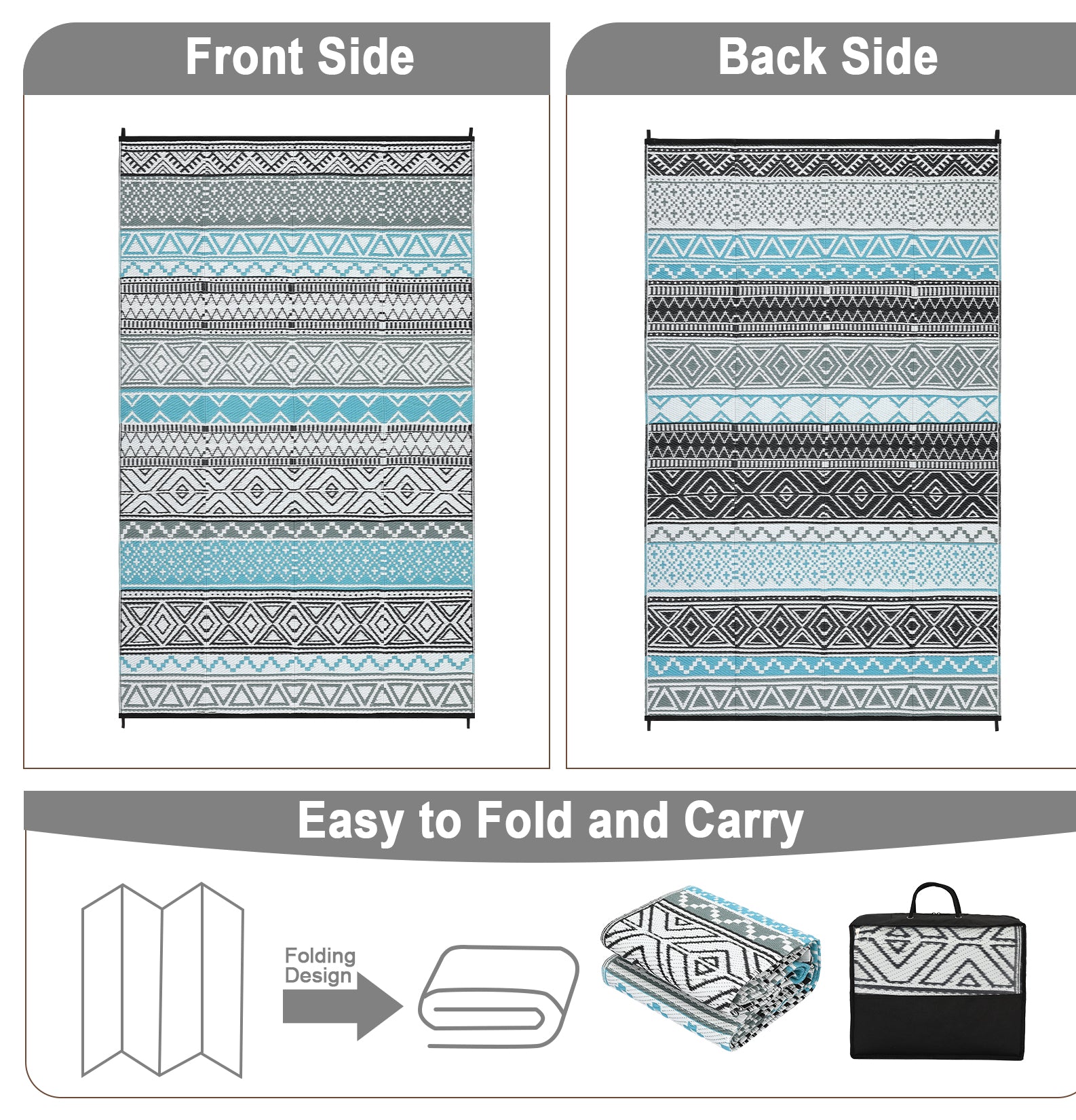 Garvee Outdoor Blue & Gray 10x14 Plastic Straw Rug Reversible Sage Green Patio Mat Flower Modern Design Waterproof Durable PP Tube Plastic Lightweight Portable Easy Clean for RV Backyard Deck Camping Picnic
