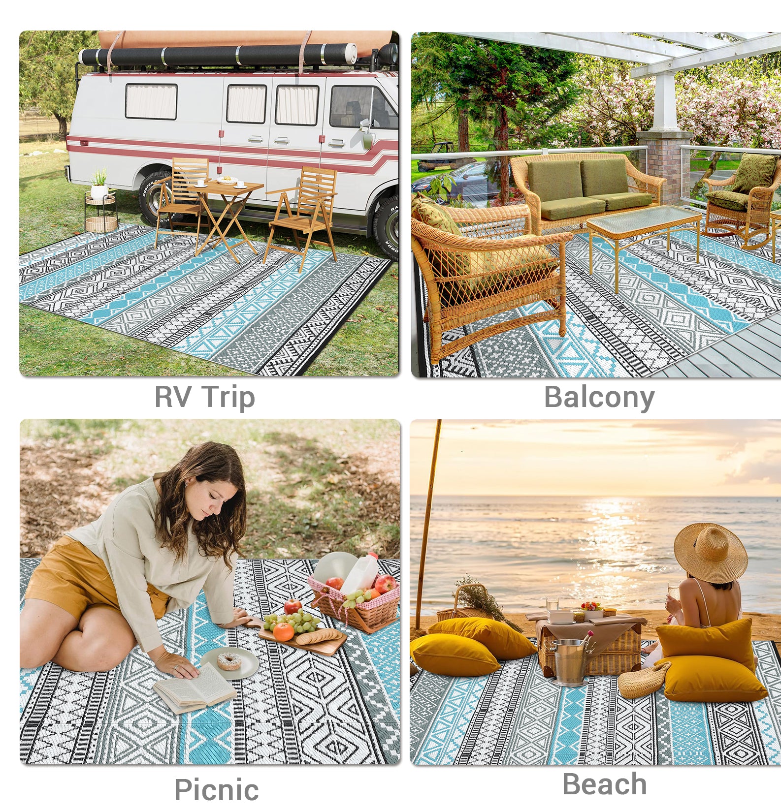 Garvee Outdoor Blue & Gray 6x9 Rugs Waterproof Reversible Durable Polypropylene UV Resistant Portable with Carry Bag for Patio Camping RV
