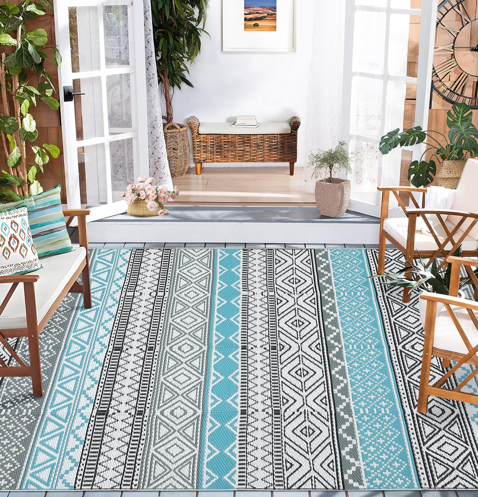 Garvee Outdoor Blue & Gray 10x14 Plastic Straw Rug Reversible Sage Green Patio Mat Flower Modern Design Waterproof Durable PP Tube Plastic Lightweight Portable Easy Clean for RV Backyard Deck Camping Picnic