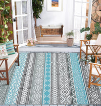 Garvee Outdoor Blue & Gray 10x14 Plastic Straw Rug Reversible Sage Green Patio Mat Flower Modern Design Waterproof Durable PP Tube Plastic Lightweight Portable Easy Clean for RV Backyard Deck Camping Picnic