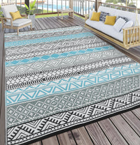 Garvee Outdoor Blue & Gray 10x14 Plastic Straw Rug Reversible Sage Green Patio Mat Flower Modern Design Waterproof Durable PP Tube Plastic Lightweight Portable Easy Clean for RV Backyard Deck Camping Picnic