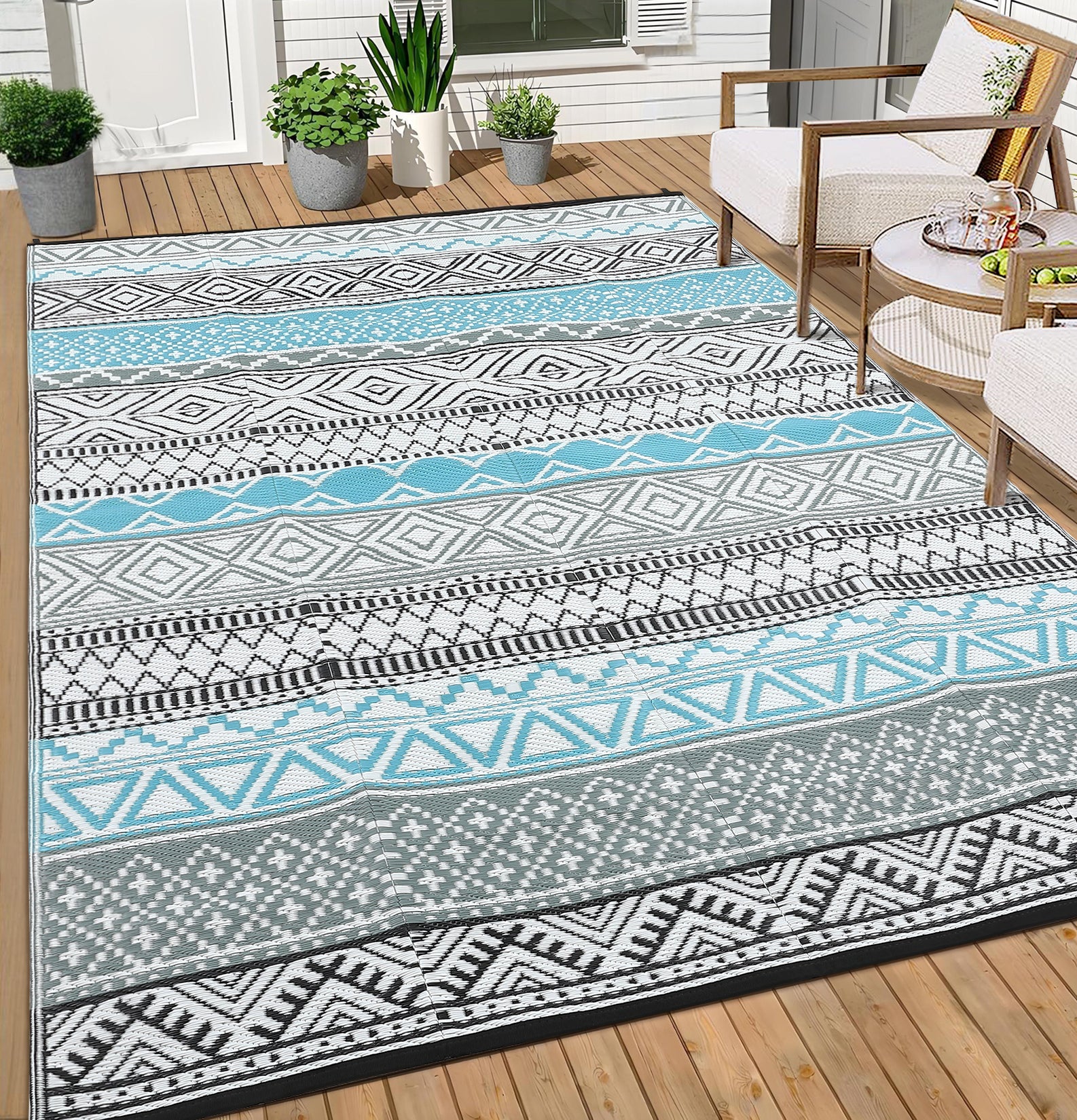 Garvee Outdoor Blue & Gray 10x14 Plastic Straw Rug Reversible Sage Green Patio Mat Flower Modern Design Waterproof Durable PP Tube Plastic Lightweight Portable Easy Clean for RV Backyard Deck Camping Picnic