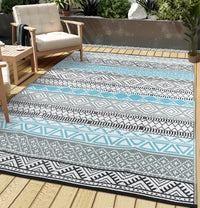 Garvee Outdoor Blue & Gray 10x14 Plastic Straw Rug Reversible Sage Green Patio Mat Flower Modern Design Waterproof Durable PP Tube Plastic Lightweight Portable Easy Clean for RV Backyard Deck Camping Picnic