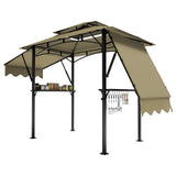 Garvee 8' x 5' Grill Gazebo, Double Tiered BBQ Gazebo Canopy with Extended Shed, Steel Frame Patio Canopy Tent with Led Lights, Outdoor Grill Gazebo Shelter for Backyard, Garden, Khaki - Khaki