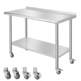 Garvee 48"L x 24"W x 35"H Nsf Commercial Stainless Steel Prep Table Work Table with Backsplash, Adjustable Undershelf, 5 Hooks and Wheels, Heavy Duty Workbench Workstation for Home Kitchen Restaurant Outd - Arc Edge With Rear Baffle / With Casters