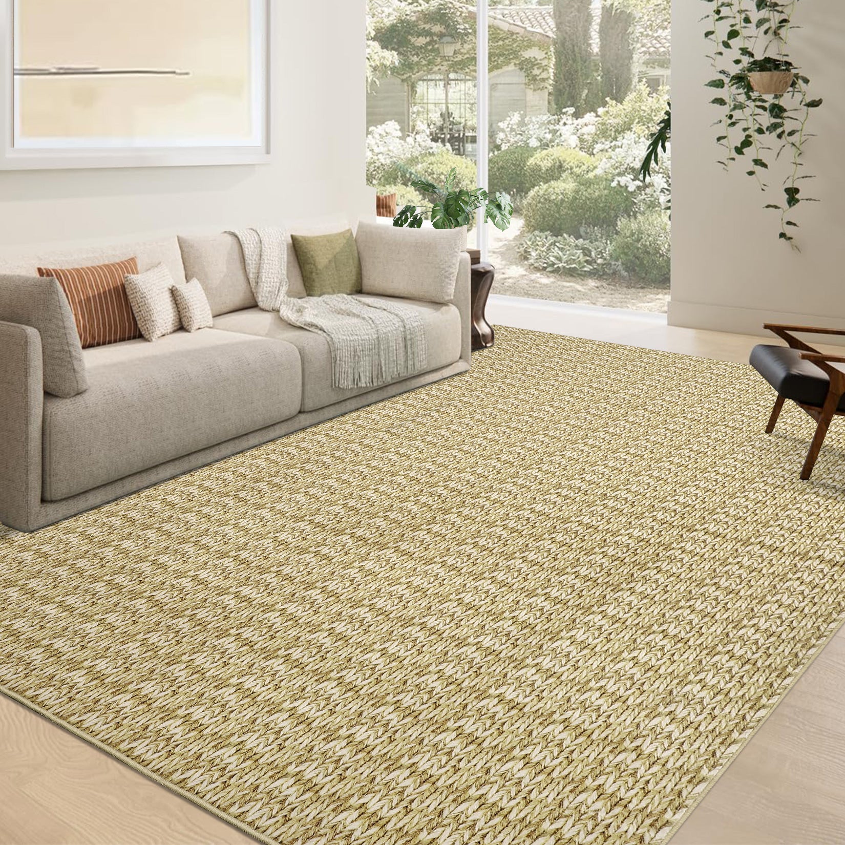 Garvee Modern Camel 5x7 Area Rug Braided Print Floor Cover with Non-Slip Backing, Washable Contemporary Indoor Carpet, Foldable Low Pile Throw Rug for Bedroom, Living Room
