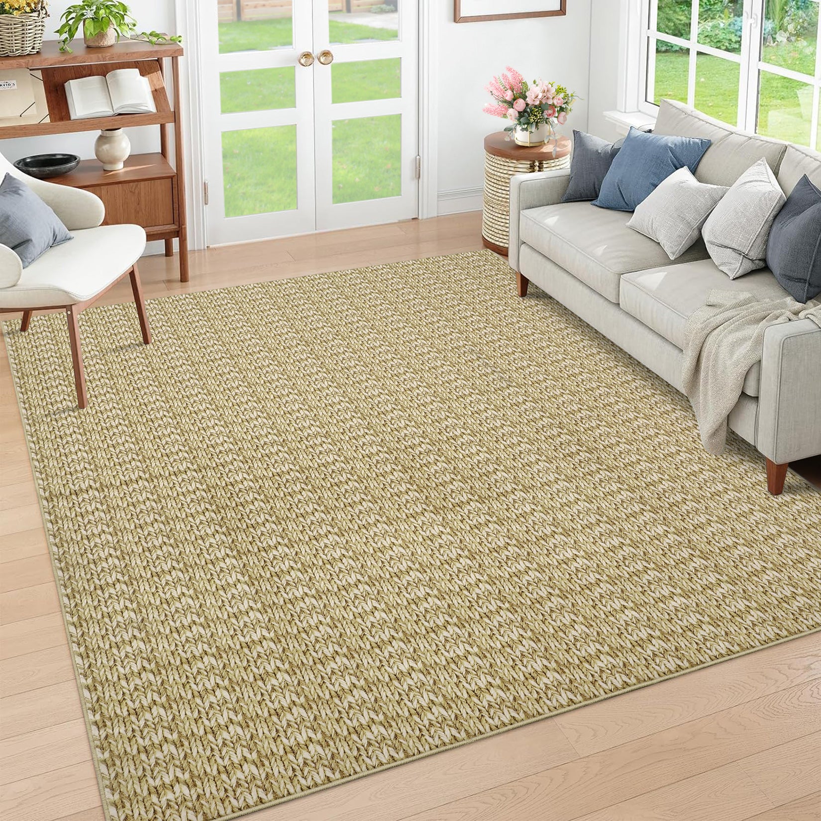 Garvee Modern Camel 10x13 Area Rug Braided Print Accent Carpet with Non-Slip Backing, Washable Contemporary Floor Cover, Foldable Low Pile Indoor Carpet for Bedroom, Living Room