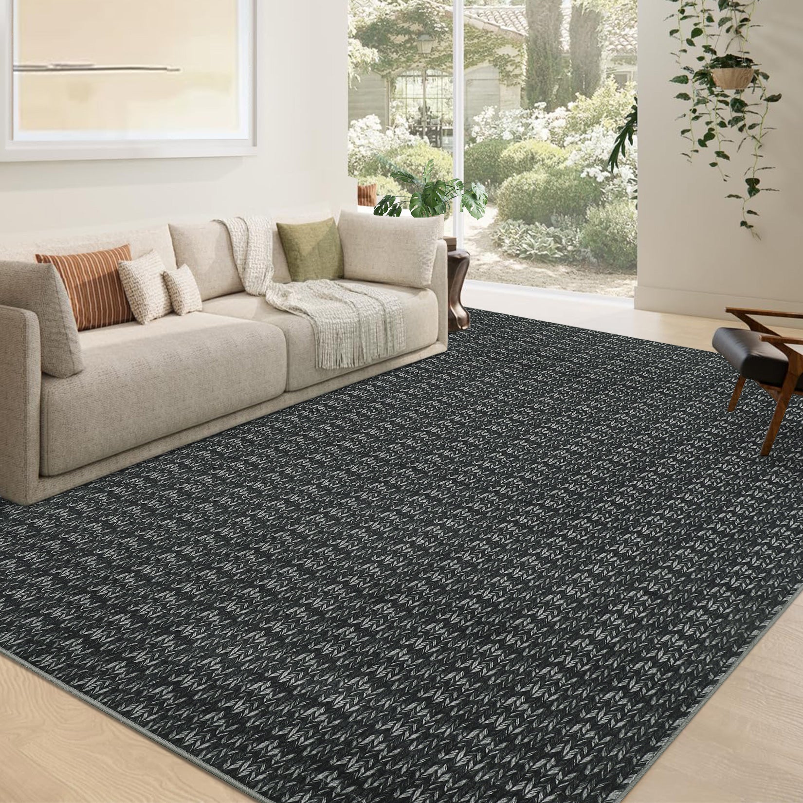 Garvee Modern Black 6x9 Area Rug Braided Print Throw Rug with Non-Slip Backing, Washable Contemporary Accent Carpet, Foldable Low Pile Floor Cover for Living Room, Bedroom