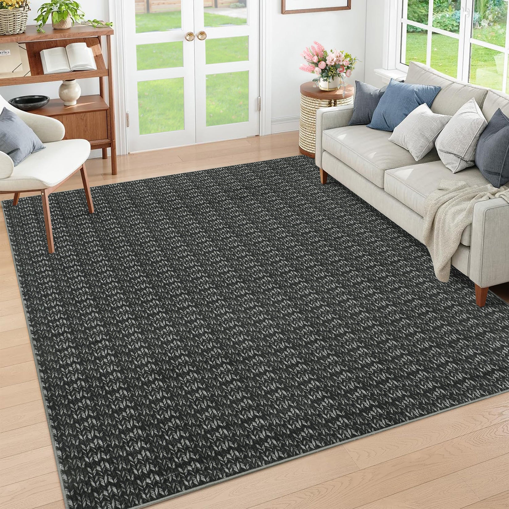 Garvee Modern Black 9x12 Large Area Rug Braided Print Living Room Rug with Non-Slip Backing, Contemporary Indoor Carpet, Foldable Low Pile Floor Cover for Dining Room, Bedroom, Black