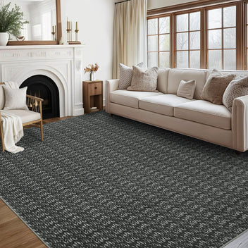 Garvee Modern Black 9x12 Large Area Rug Braided Print Living Room Rug with Non-Slip Backing, Contemporary Indoor Carpet, Foldable Low Pile Floor Cover for Dining Room, Bedroom, Black